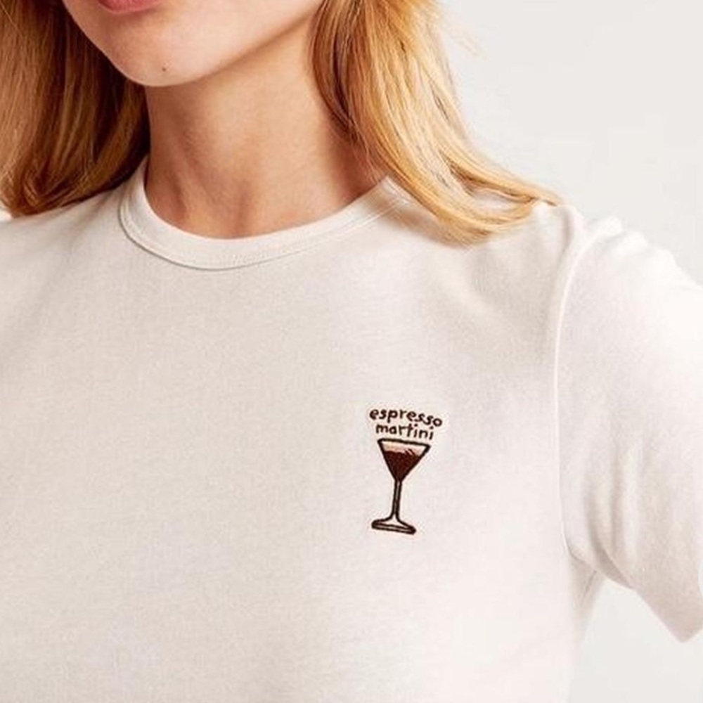 Abercrombie & Fitch White Short Sleeve Tee with Espresso Martini Embroidery